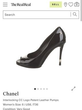 CHANEL Black Patent Leather Peep-Toe Stilettos with CC Heel Accent